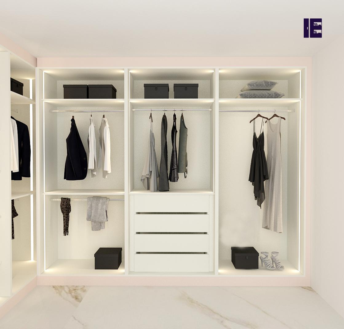 Small Walk-in Wardrobe Internal Storage in Pink and Premium White Finish